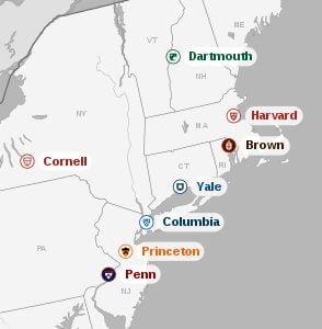 The location of each of the Ivy League Schools on a map